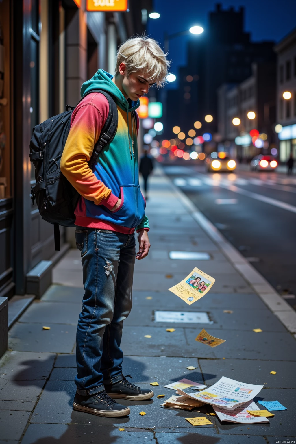A person stands on a city sidewalk at night, surrounded by scattered papers and a backpack.