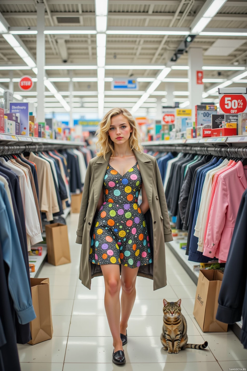 A woman walks through a store aisle with a cat sitting on the floor.