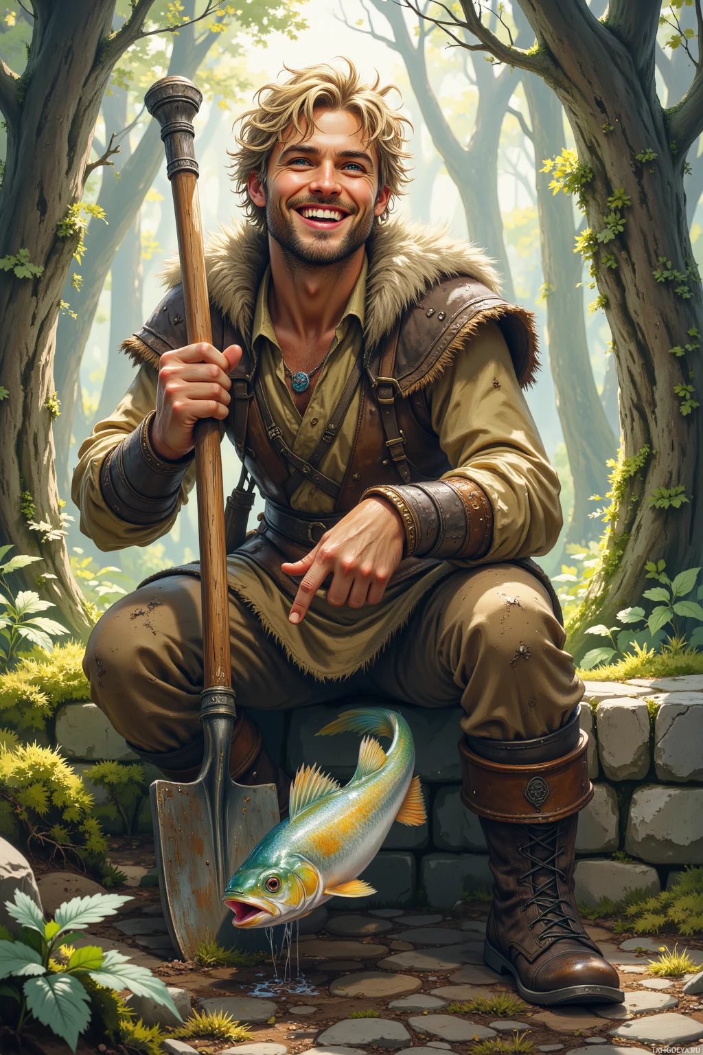 A man in a forest setting, holding a shovel and a fish, smiling.