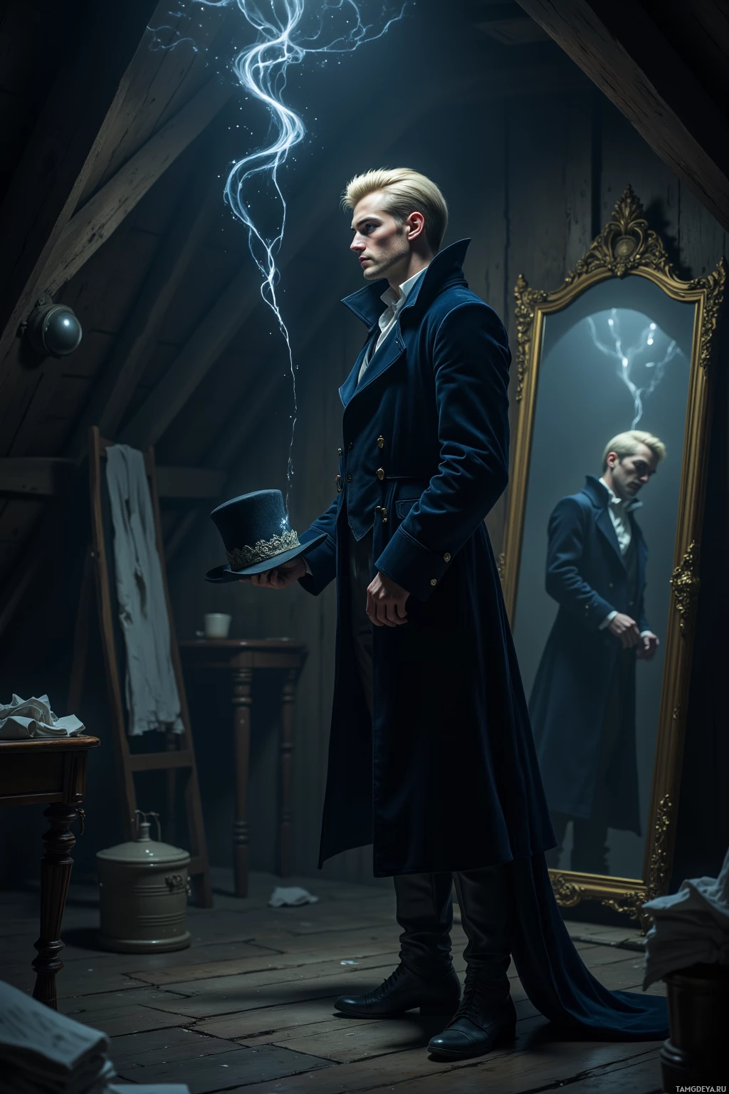 A man in a dark coat and top hat stands in a dimly lit room, holding his hat and gazing into a mirror.