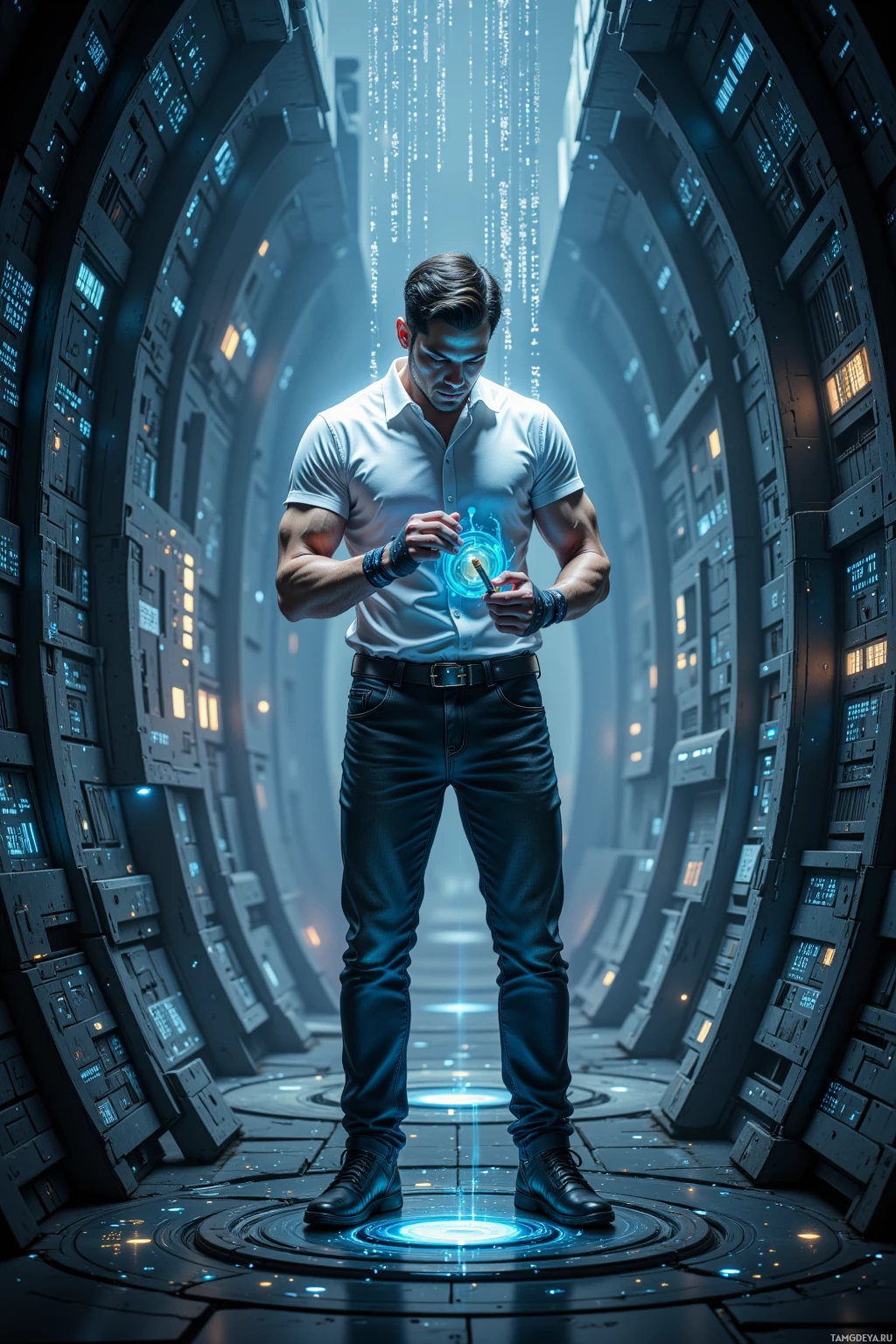 A man stands in a futuristic, high-tech corridor holding a glowing device.