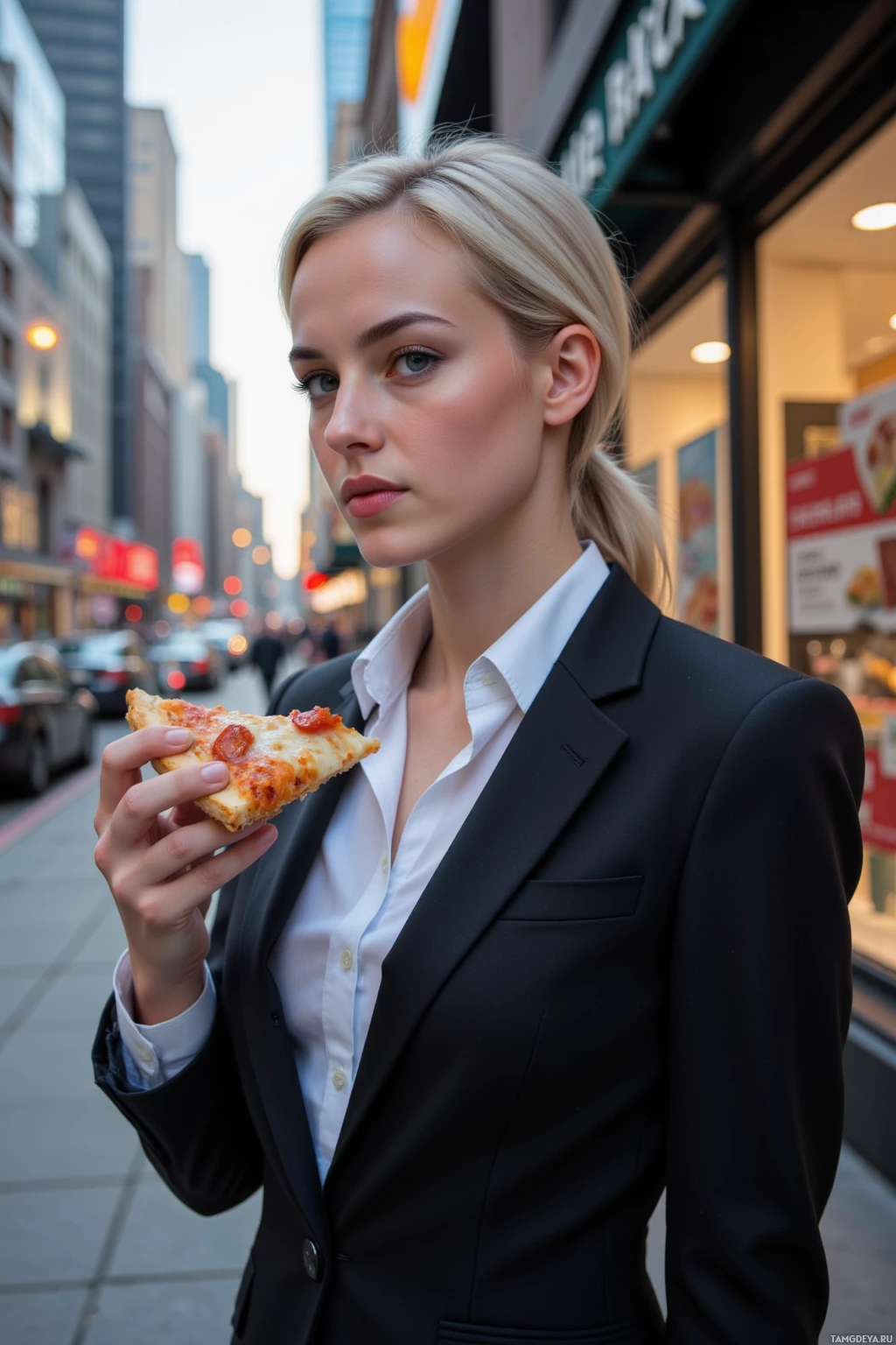 Realistic high quality photo. A 30‑year‑old woman with sleek silver hair in a low ponytail and piercing blue eyes, pale skin, high cheekbones, wearing a tailored black suit and crisp white blouse, stands on a modern city sidewalk at dusk, calmly studying the bustling streets while holding a slice of pizza.