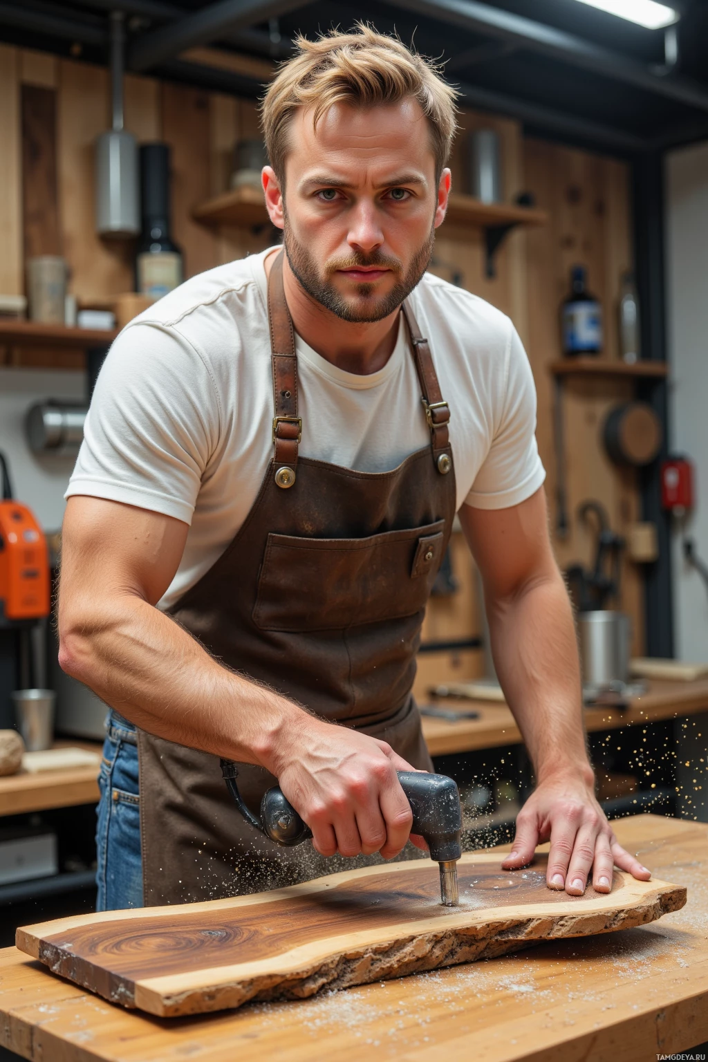 Realistic high quality photo. 35‑year‑old man with short blonde hair, blue eyes, sun‑kissed complexion, stubble, wearing a well‑worn leather apron over a plain white T‑shirt and jeans, methodically carving a walnut slab on a wooden workbench in a modern workshop, a handheld saw cutting precise bevels while dust swirls like confetti around him.