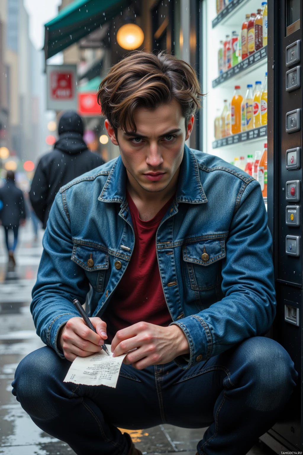 Realistic high quality photo. A 29‑year‑old man with brown hair, green eyes, pale skin, wearing a denim jacket over a red tee and jeans, hunches against a humming vending machine on a rain‑soaked urban street, refusing an umbrella, scribbling a chorus on a crumpled receipt that turns into drum patterns, droplets glistening on his jacket while the machine hisses in the background.