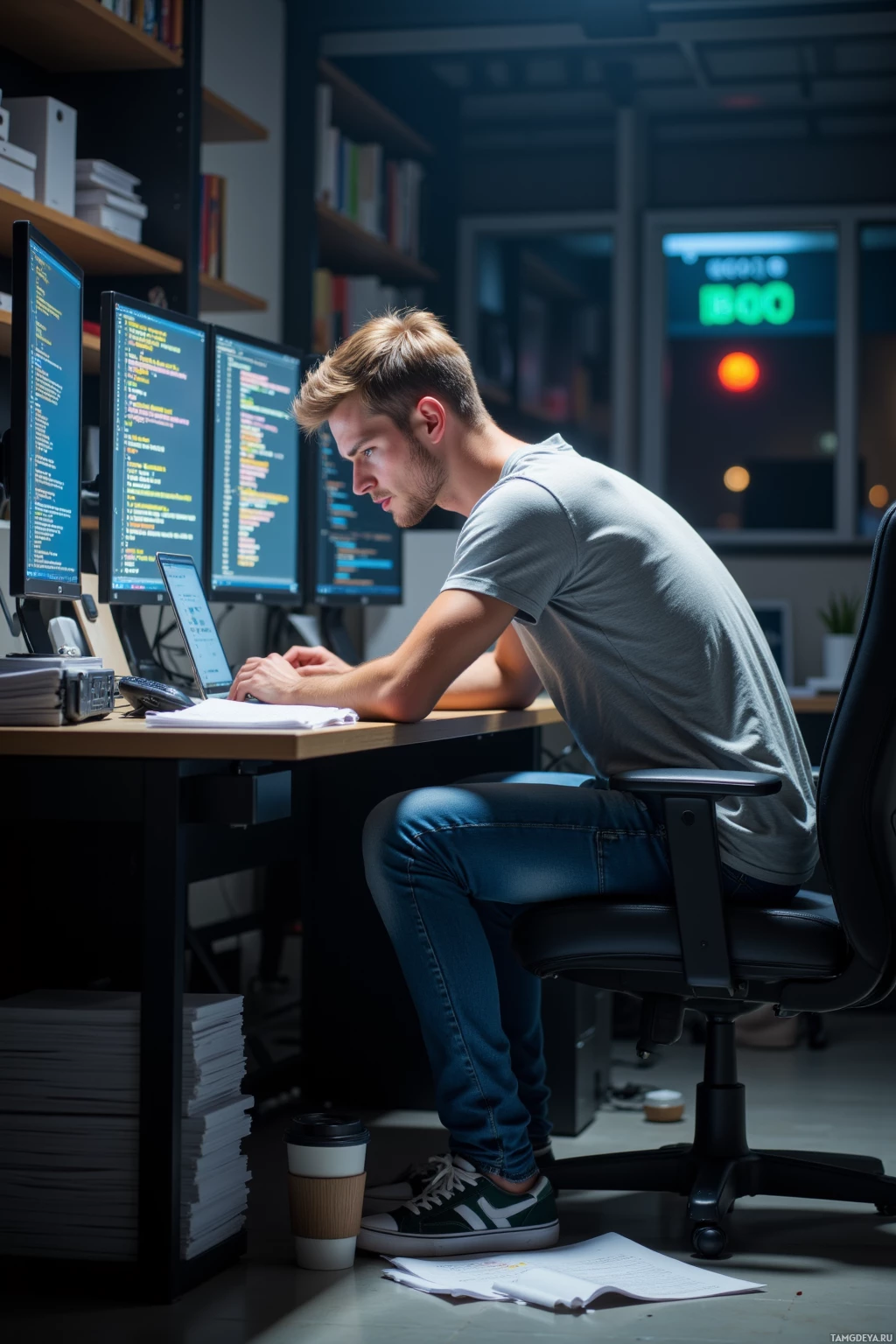 Realistic high quality photo. Young male with short light brown hair, bright blue eyes, wearing a fitted casual t‑shirt and worn jeans, hunched over an office desk with laptop open to code on multiple screens, coffee cup half fallen through the floor beneath him, surrounded by stacks of design documents and late‑night overhead lighting.