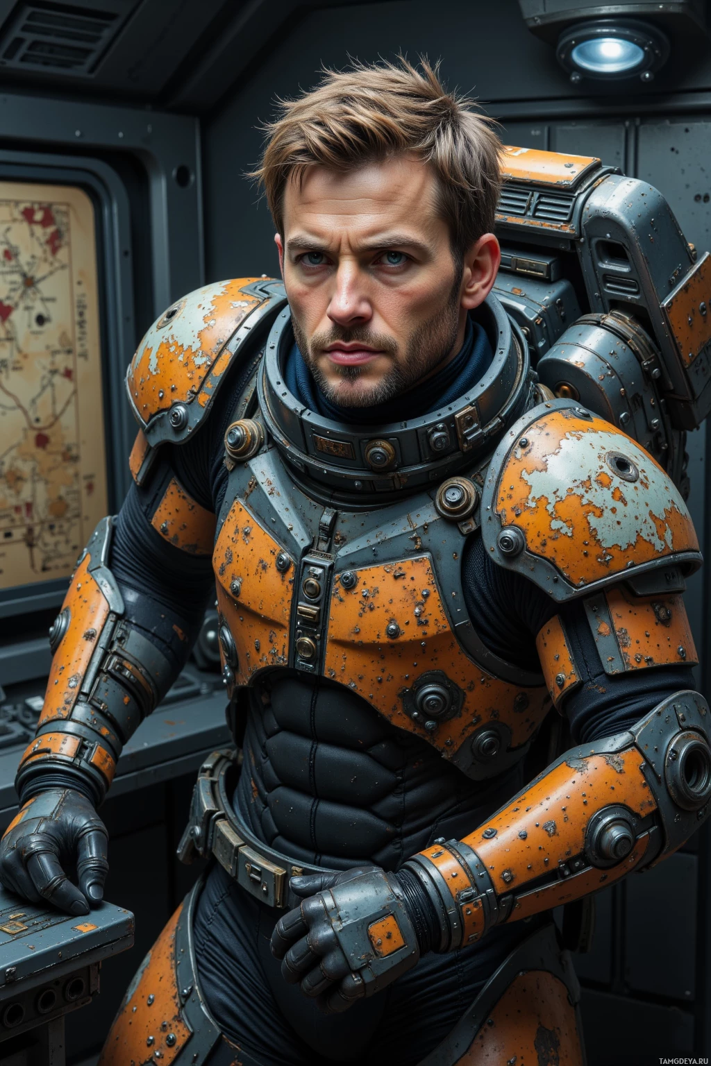 Realistic high quality photo. A weathered 38‑year‑old man with short light brown hair, clear blue eyes and a worn metallic jacket bearing orange patina stands in a dimly lit spacecraft bridge polishing the tarnished rail of his armor; behind his visor flickers a blood‑etched map, while a cybernetic limb rests against a console as he listens to the ship's hum, exuding quiet resolve.