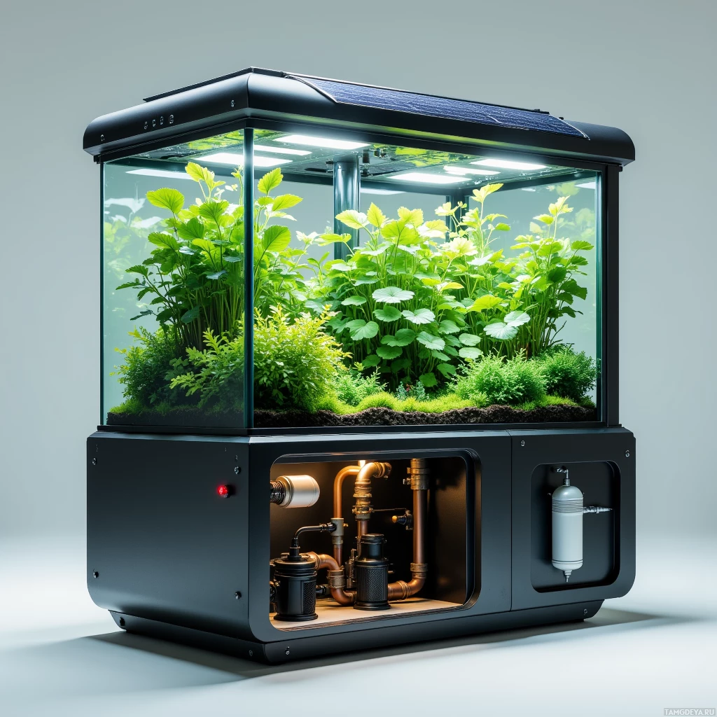 Semi-abstract image with many light, that is suitable for the post:  Autonomous solar‑powered aquaponic unit with a sleek matte black chassis, a clear glass aquarium filled with emerald greens, glistening copper piping, integrated solar panels on the roof, subtle LED grow lights illuminating the interior, and a compact filtration pump system visible through the side of the frame.