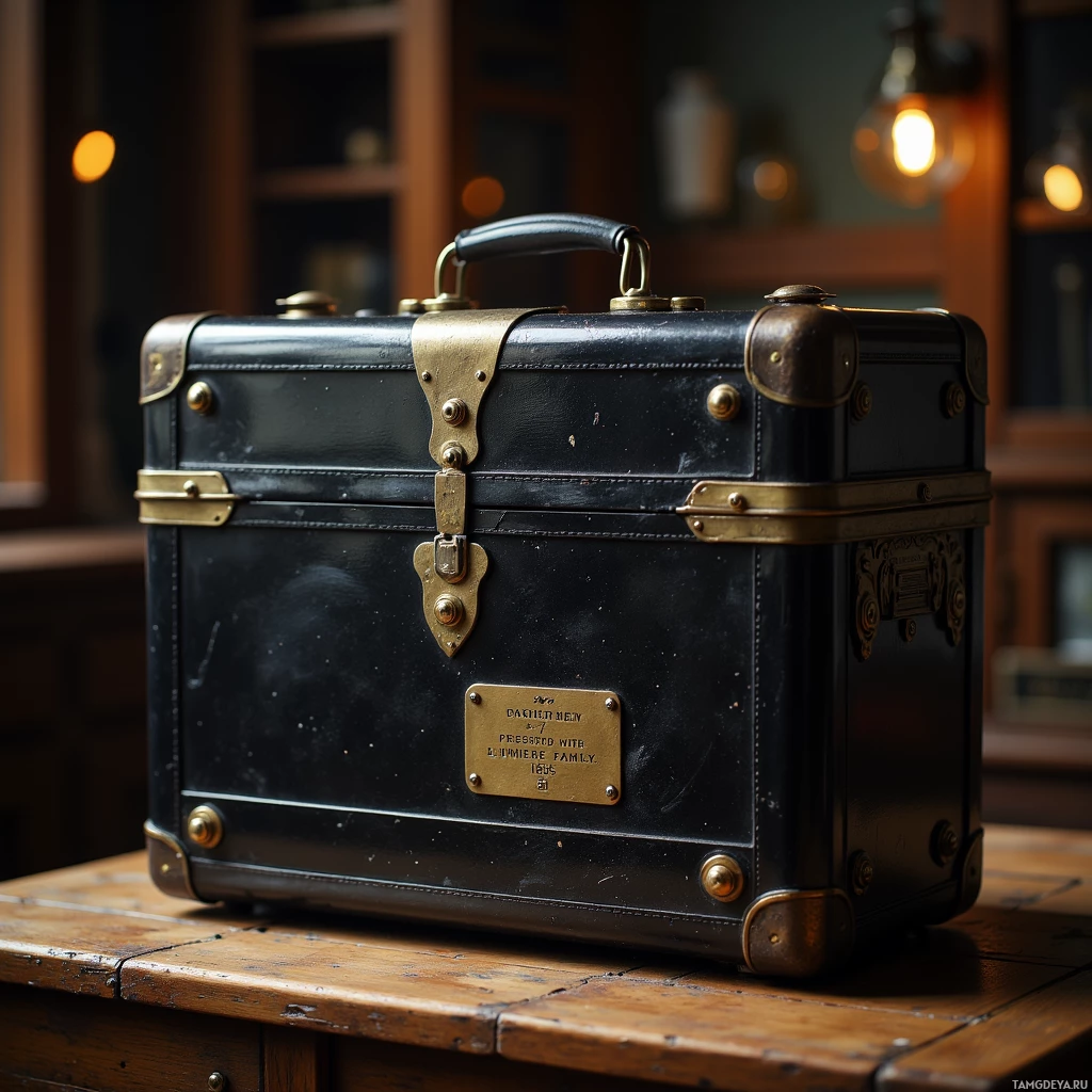 Semi-abstract image with many light, that is suitable for the post:  matte black projector case with hand‑stamped detailing, brass hinges etched with the Lumière logo, cedar lid lined with silk, tiny brass plaque reading “Presented by the Lumière Family, 1895”, lacquered finish with subtle embossed film title, sleek wearable aura reminiscent of a miniature museum