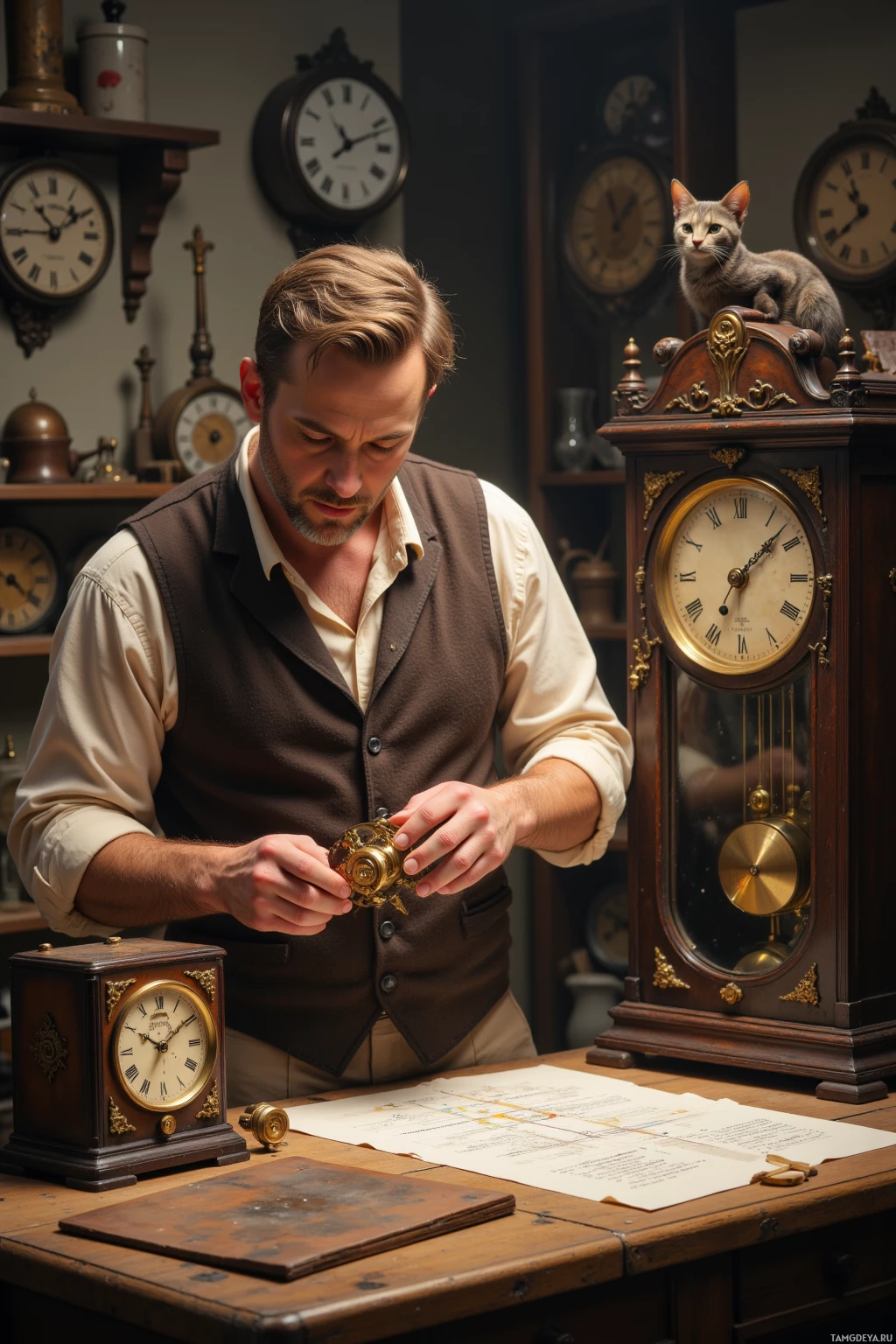 Realistic high quality photo. A 52‑year‑old man with neatly combed light brown hair, blue eyes, wearing a cream rolled‑sleeve shirt, brown waistcoat, and beige trousers, meticulously aligning a brass escapement from an old town hall clock in a workshop lit by morning light, while his cat Whiskers watches him lecture on gear ratios, and he writes a handwritten diagram note on paper beside an old radio that hums softly.