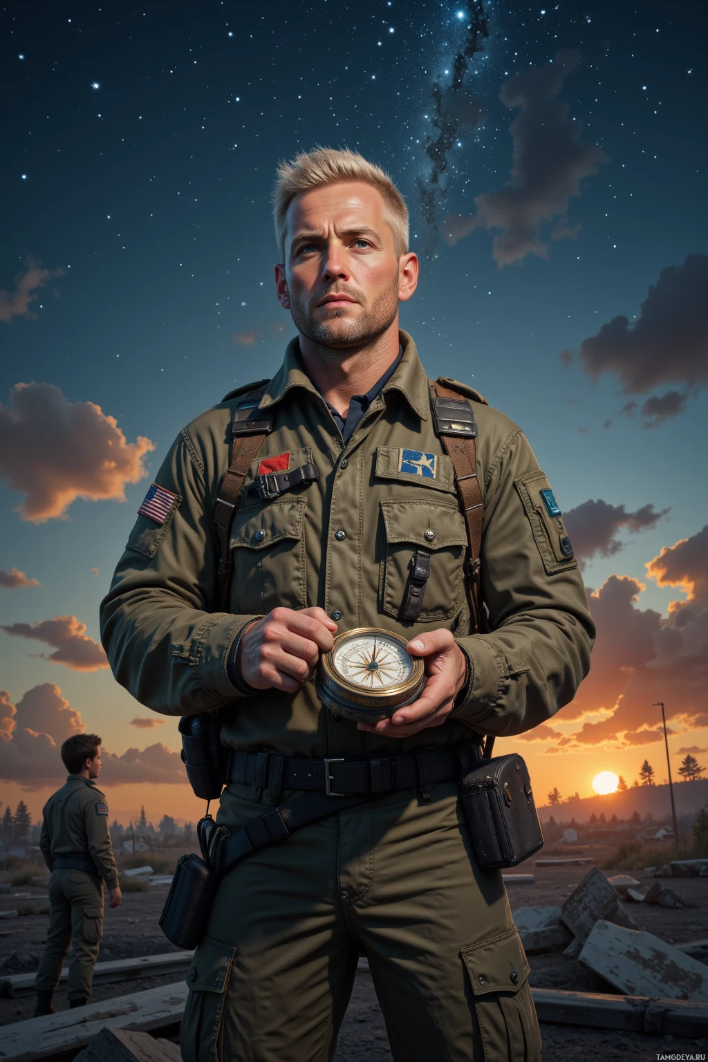 Realistic high quality photo. A 47‑year‑old seasoned soldier with buzzed blonde hair, piercing blue eyes, weathered complexion, wearing a worn military jacket and cargo pants, stands at dawn over a post‑apocalyptic wasteland of broken steel, calmly polishing an old compass while a camp child looks up at a dark sky full of stars, exuding disciplined resolve.