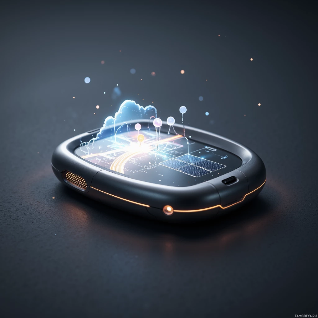 Semi-abstract image with many light, that is suitable for the post:  Pocket-sized device with a brushed titanium shell, faint glowing edges, matte surface, a small integrated AR display projecting a 3D street map onto its palm, visible silver solar microcells on the back, and a sleek curved ergonomic shape.