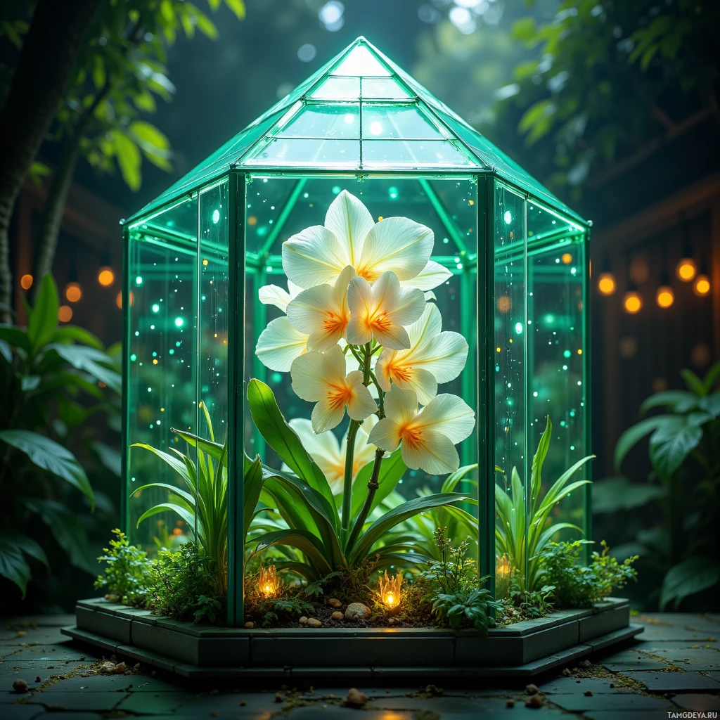 Semi-abstract image with many light, that is suitable for the post:  A transparent glass prism greenhouse with emerald-to-ivory gradient facets, embedded sensor network glowing in shifting colors, and subtle LED strips tracing the veins of an exotic orchid’s petals inside.