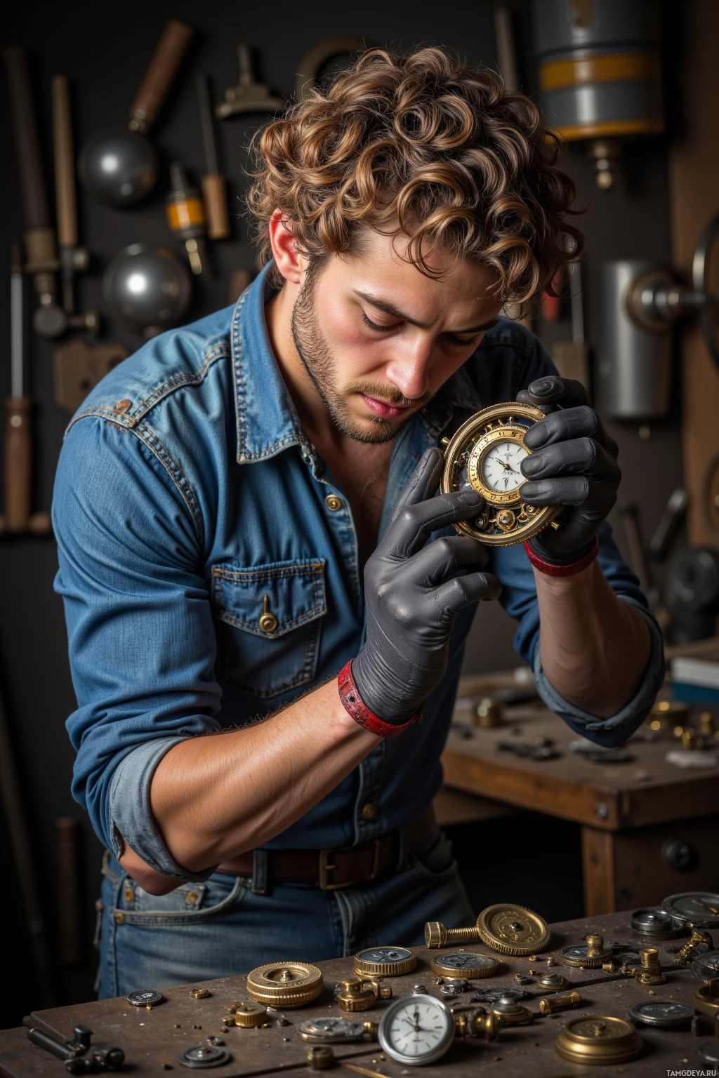 Realistic high quality photo. A rugged 28-year-old man with curly blonde hair and blue eyes, wearing a faded denim shirt, worn jeans and work gloves, carefully replaces a shattered gear on an old watch in a dimly lit workshop filled with scattered tools and brass parts.