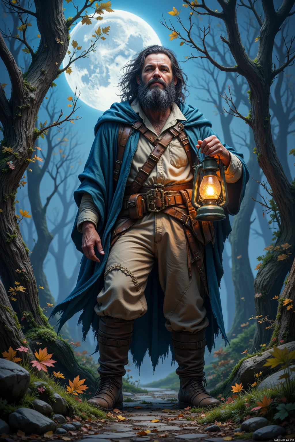 Realistic high quality photo. A 54‑year‑old male hermit with wild dark hair, a thick grizzled beard, piercing blue eyes, wearing a loose‑fitting cloak, faded trousers and rugged leather boots, holding a flickering lantern, stands in a moonlit forest garden of forgotten saplings, wind swirling around him and his laughter echoing through rustling leaves.
