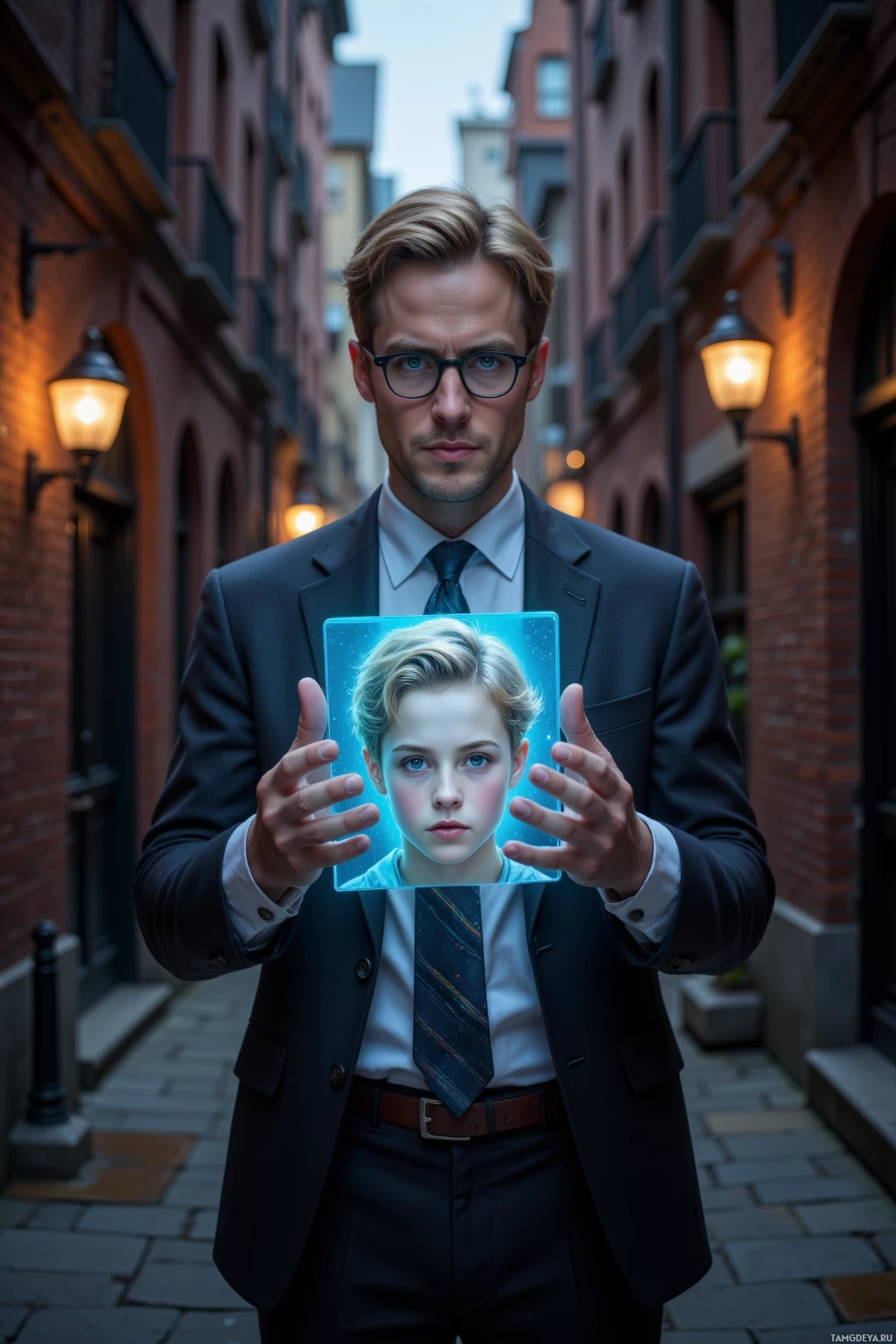 Realistic high quality photo. A 40‑year‑old historian with short blonde hair, sharp blue eyes, pale skin, wearing a tailored suit, tie, and round spectacles, stands in a quiet dusk alley with old brick facades, holding a holographic display that illuminates a small child's wide‑eyed face, with soft lamplight and fading modern buzz in the background.