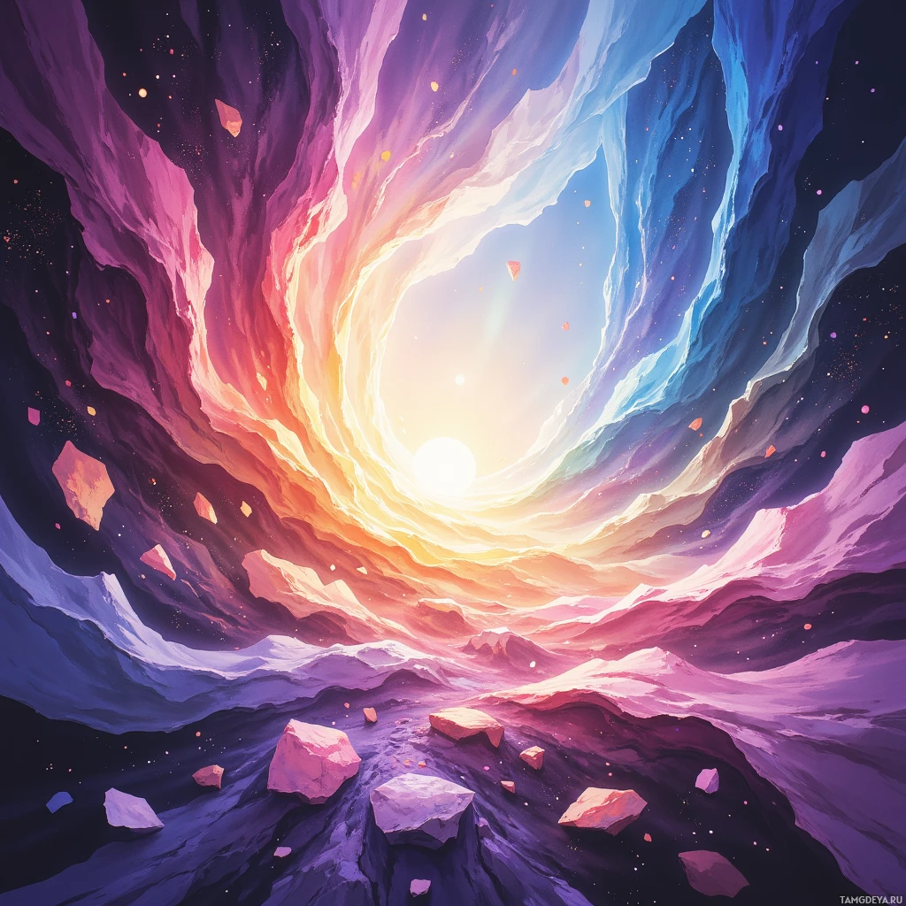 Semi-abstract image with many empty light space at center of beautiful background, that is suitable for the post:  My laughter ricochets through time, turning echoes into glass shards that refract tomorrow's melody.