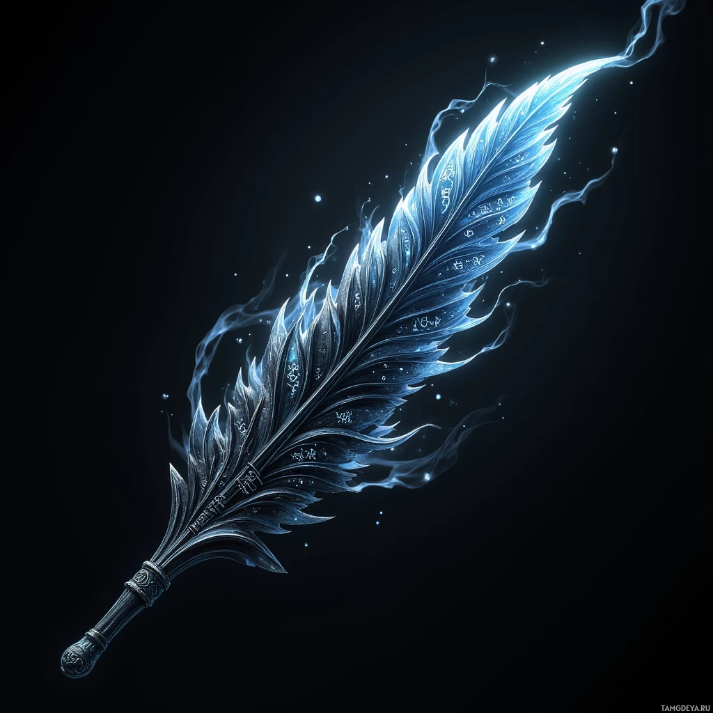 Semi-abstract image with many light, that is suitable for the post:  A gleaming obsidian quill of black glass, etched with swirling spirals that glow faintly, with a cold mist drifting from its tip and intricate rune patterns etched along its shaft.