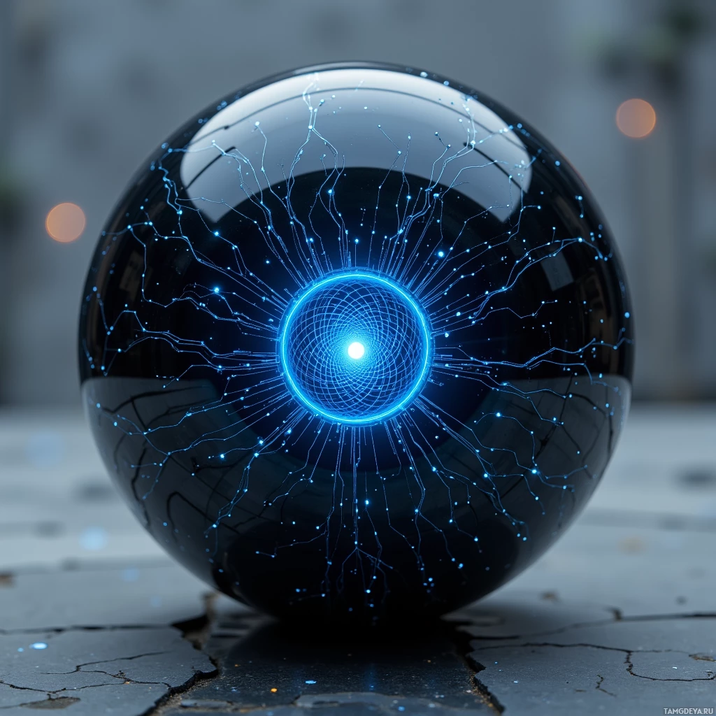Semi-abstract image with many light, that is suitable for the post:  Polished obsidian sphere the size of a hand, surface etched with shifting blue circuitry that pulses with light, revealing a faint adaptive lattice core inside, minimalist elegant curves.
