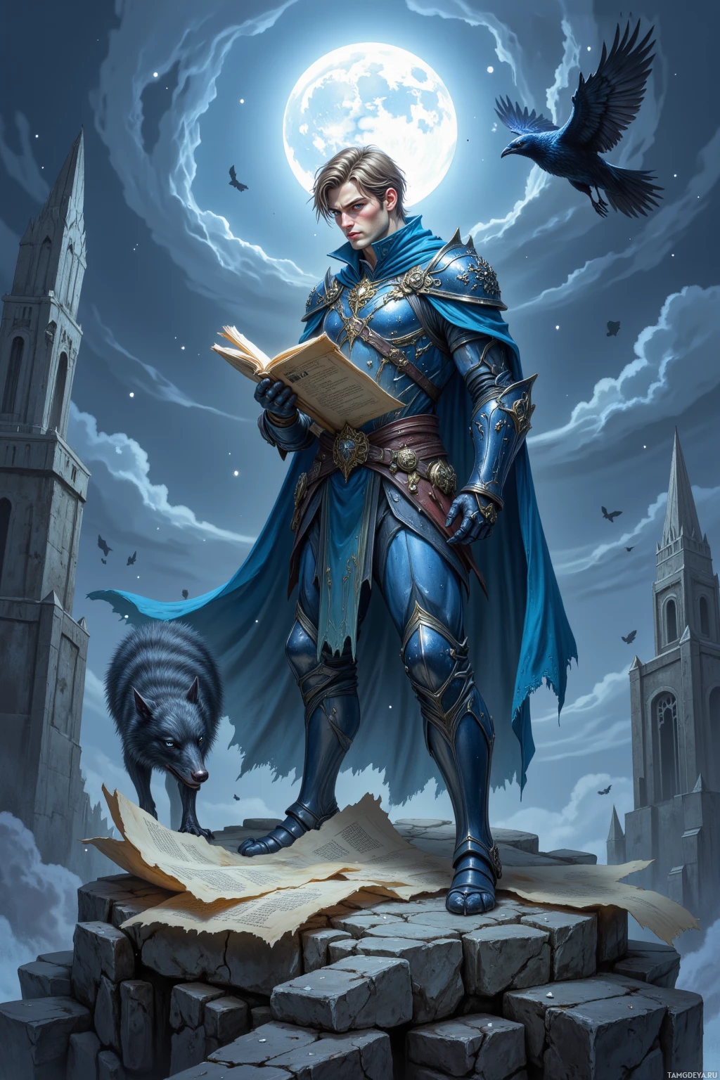 A knight in blue armor stands on a stone platform, holding an open book, with a crow and a wolf nearby under a full moon.