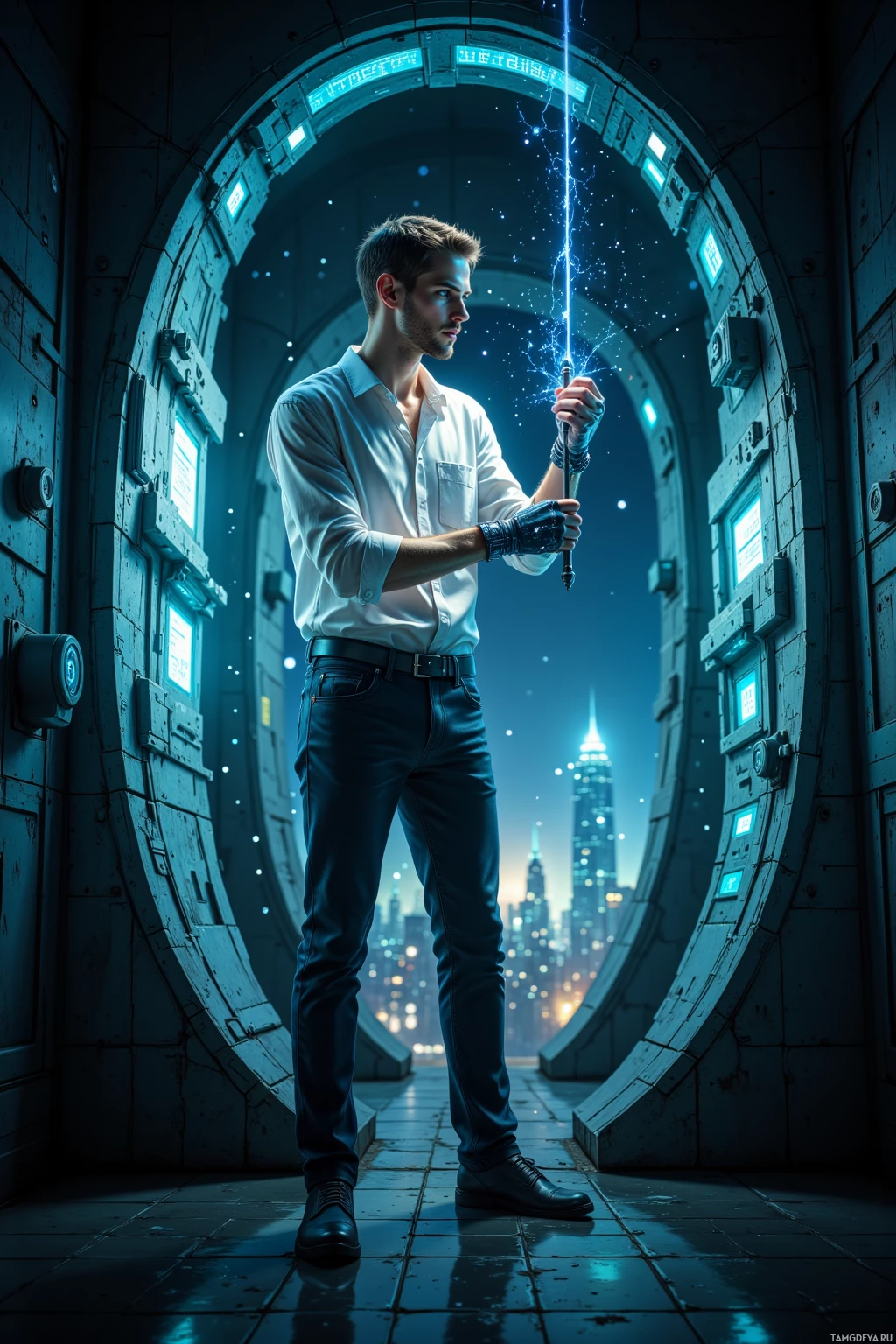 A man stands in a futuristic corridor holding a glowing staff, with a cityscape visible through the window.