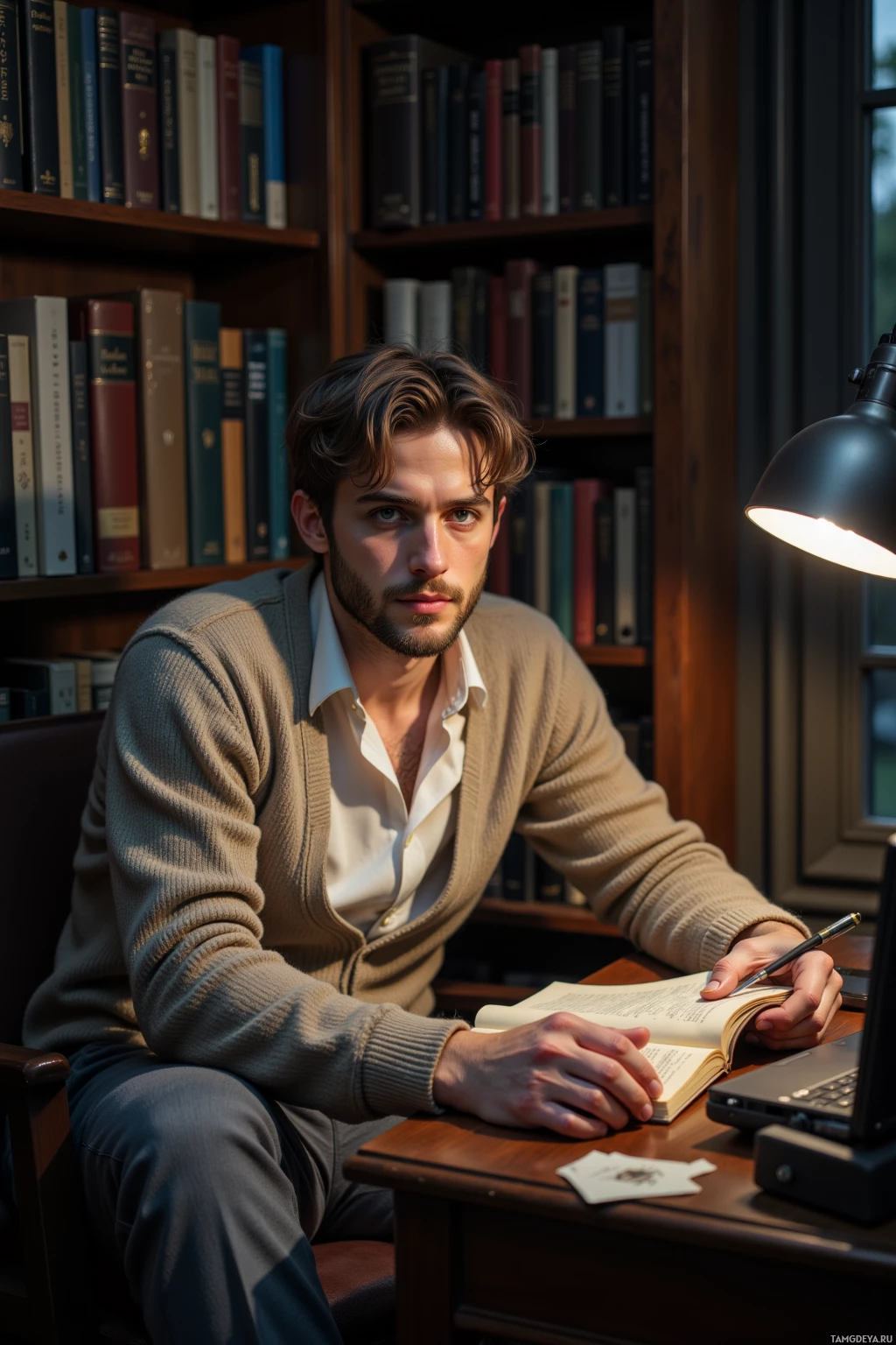 A man sits at a desk in a library, holding a pen and looking at an open book.