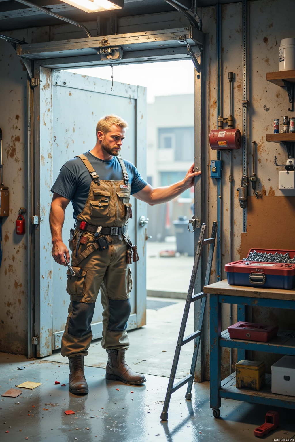 A man in work attire stands in a workshop doorway, holding the door frame.