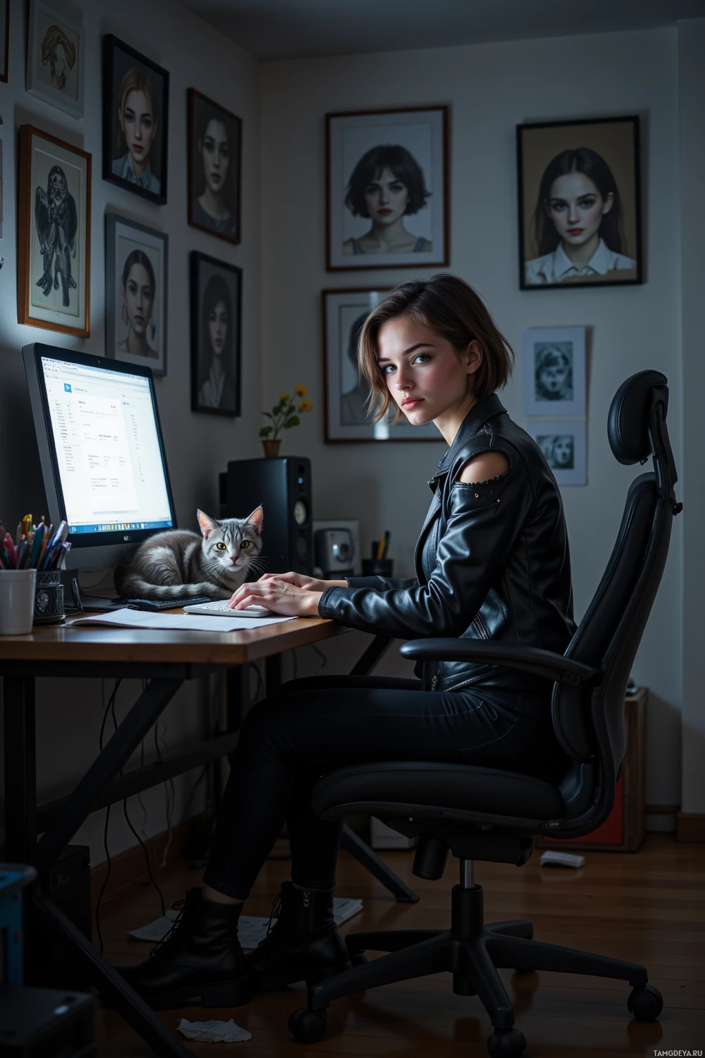 A woman sits at a desk with a computer, surrounded by framed portraits on the wall.