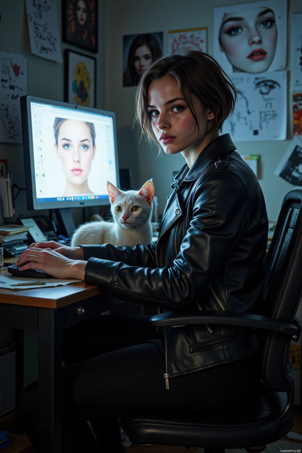 A person in a leather jacket sits at a desk with a computer and a white cat.