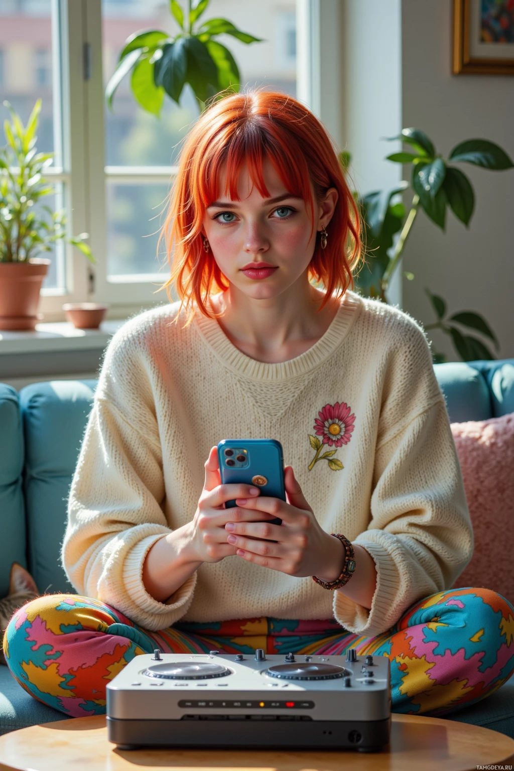 A person with red hair sits on a couch, holding a phone, with a DJ mixer on a table in front of them.