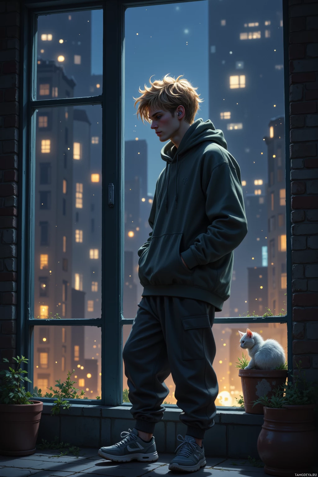 A person stands by a window overlooking a cityscape at dusk, with a white cat in a pot nearby.
