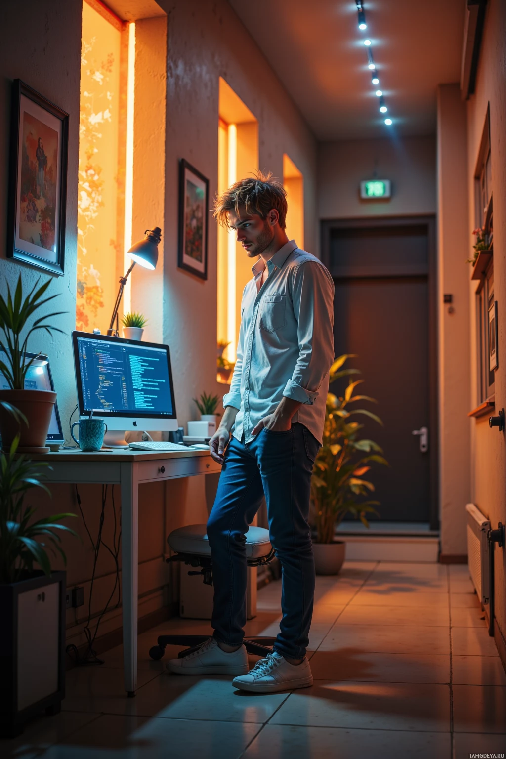 A man stands in a warmly lit hallway, leaning against a desk with a computer displaying code.