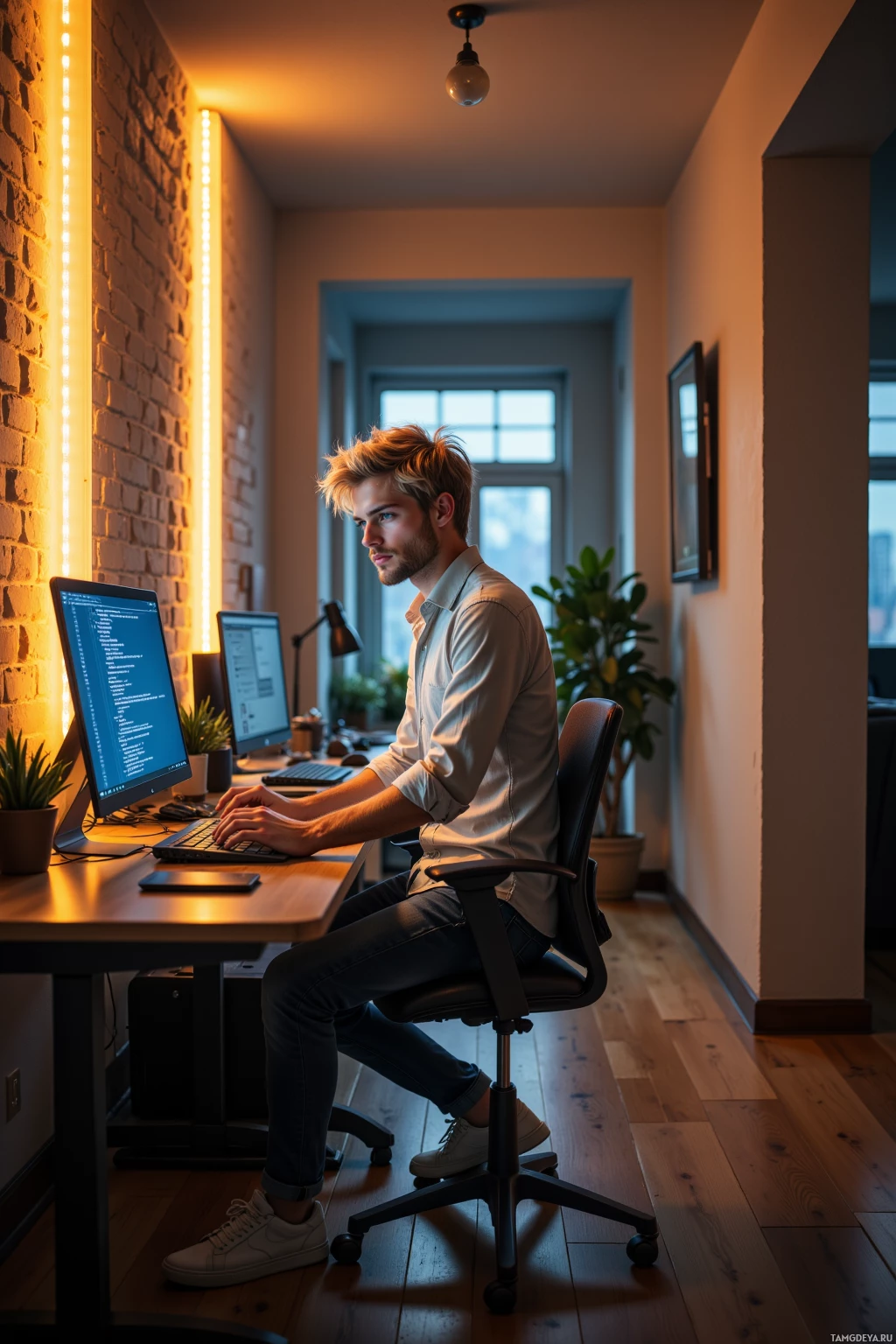 A man is seated at a desk working on a computer in a warmly lit room.