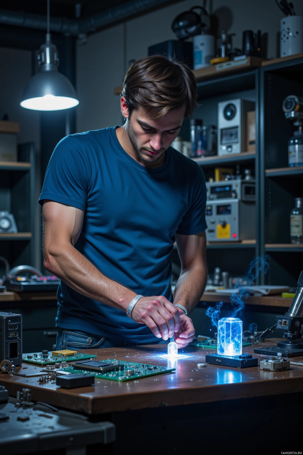 A person works on electronic components in a workshop setting.