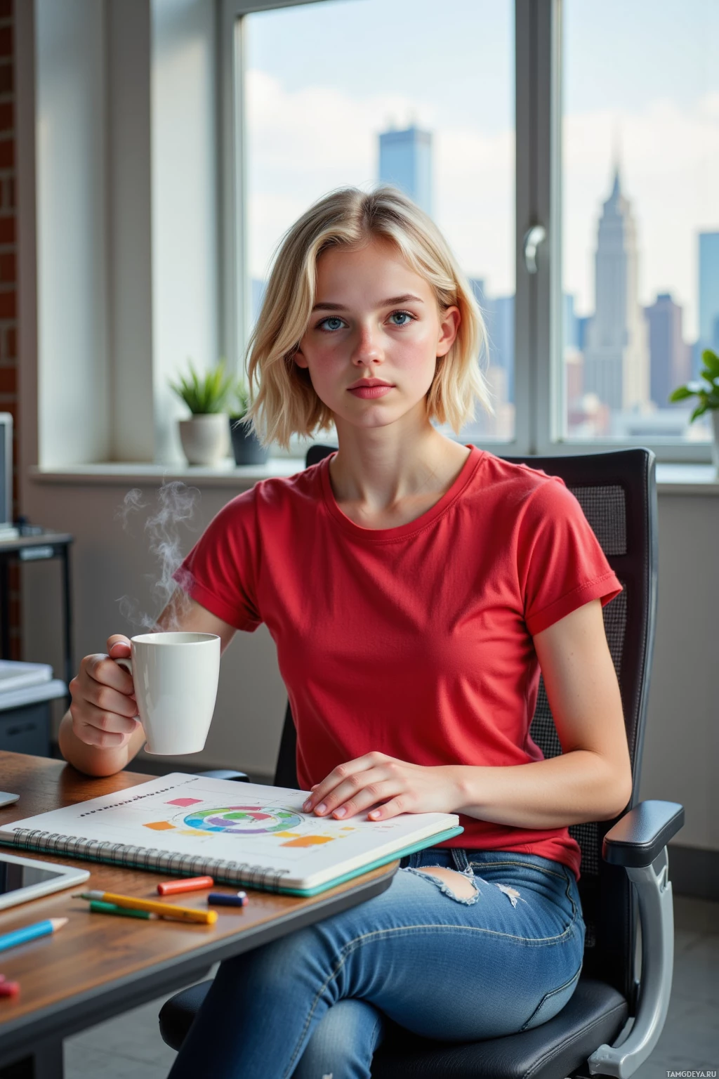 A person in a red shirt sits at a desk with a notebook, holding a steaming mug, against a cityscape backdrop.