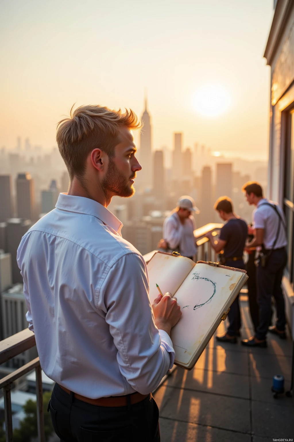 A man sketches on a rooftop overlooking a cityscape at sunset.