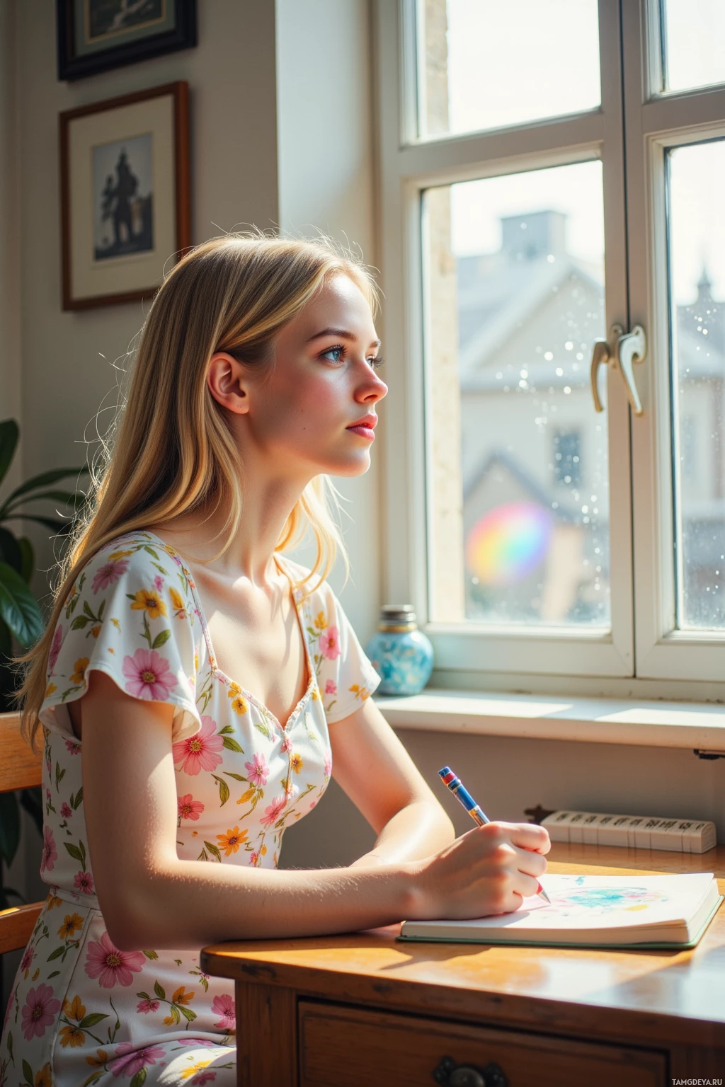 A young woman in a floral dress sits at a desk by a window, holding a pencil and looking out.