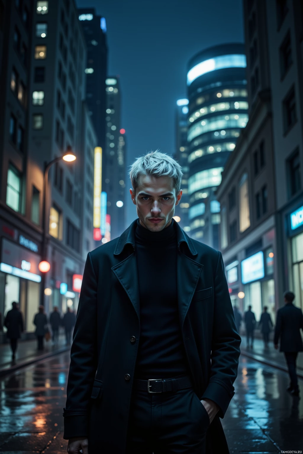 A man in a dark coat stands on a wet city street at night.