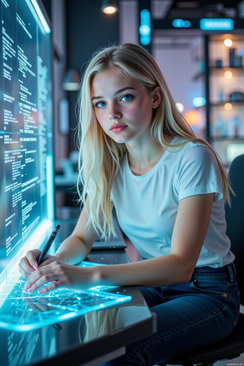 A person with long blonde hair sits at a desk, working on a futuristic digital interface.