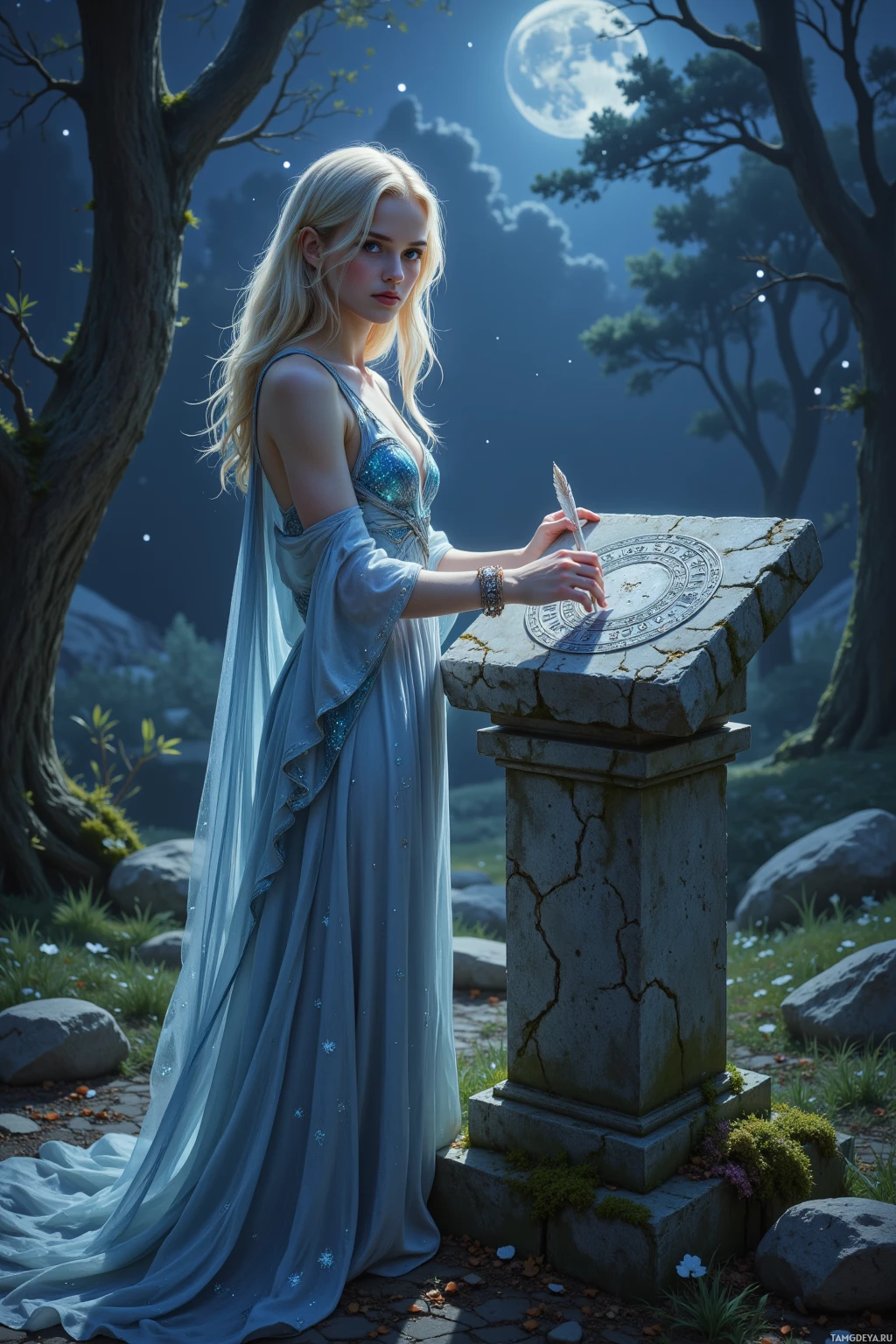A woman in a flowing blue gown stands beside a stone pedestal, holding a quill, under a night sky with a full moon.