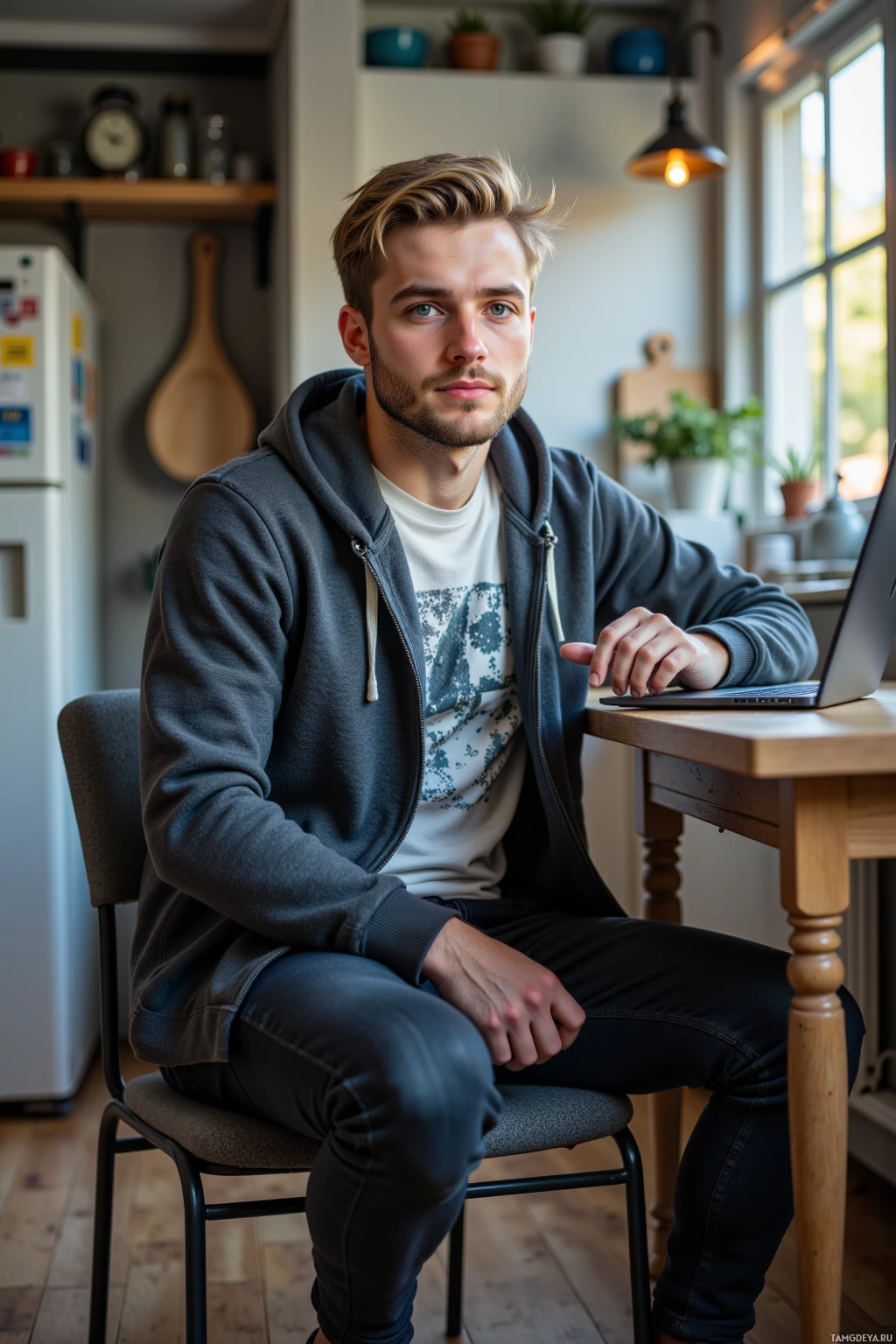 A man sits at a table in a kitchen, wearing a hoodie and jeans, with a laptop in front of him.
