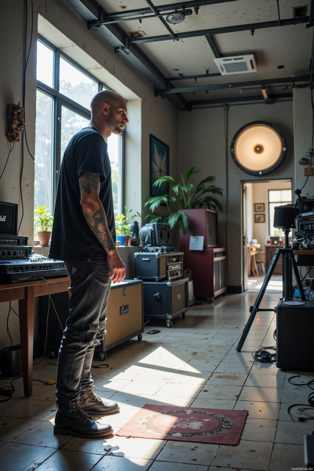 A man stands in a room with musical equipment and large windows.