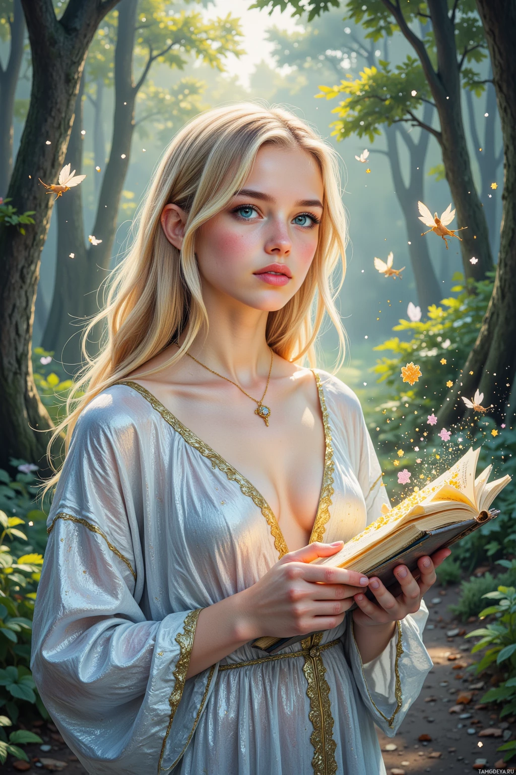 A woman in a flowing dress holds an open book amidst a forest setting with butterflies.