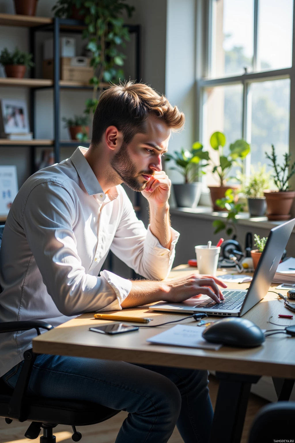 A man is working at a desk in a well-lit office, using a laptop.