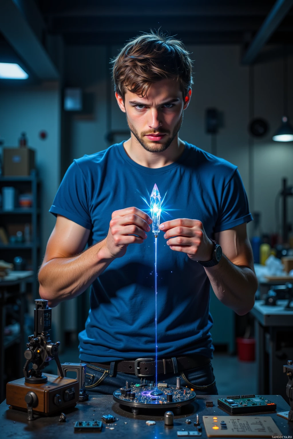 A man in a blue shirt holds a glowing object in a dimly lit workshop.