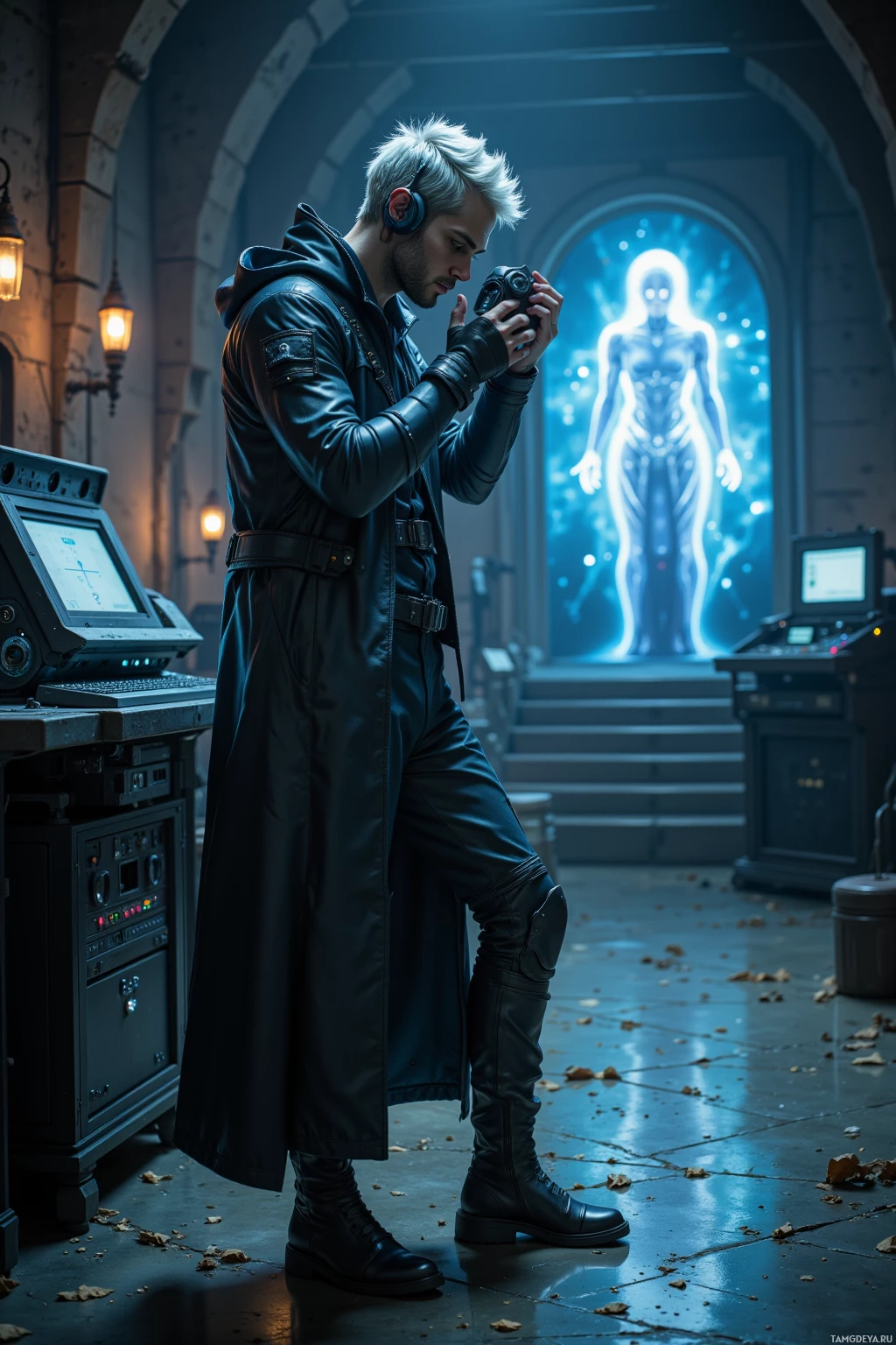 A person in a leather outfit stands in a dimly lit room, holding a camera, with a glowing figure in the background.