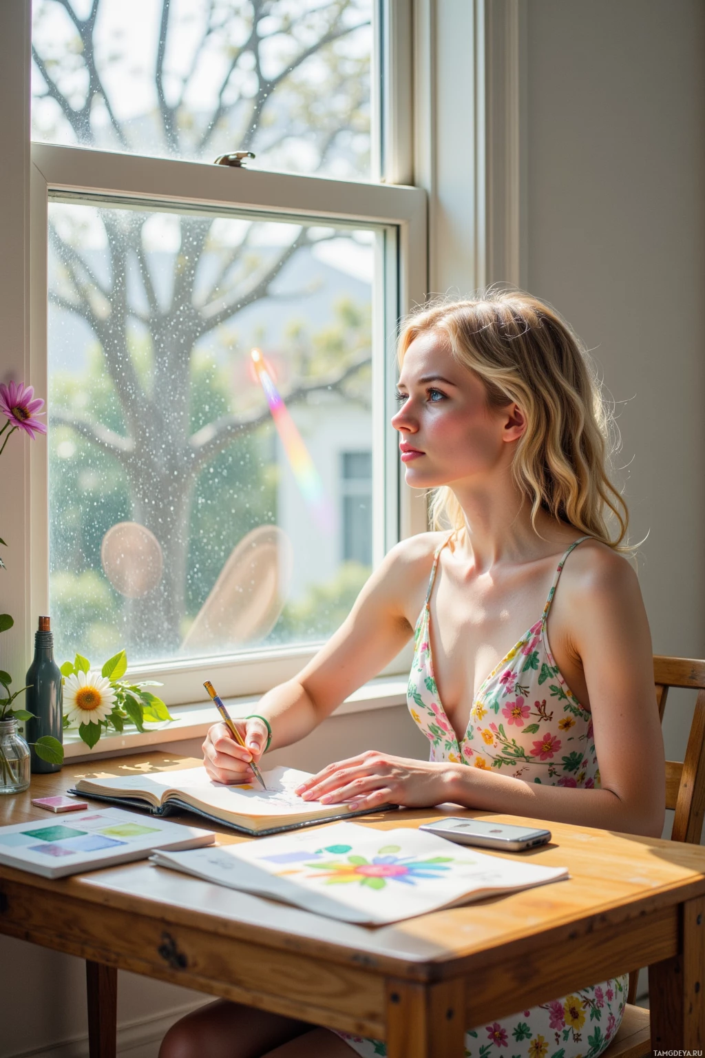 A woman sits at a desk by a window, drawing in a notebook.