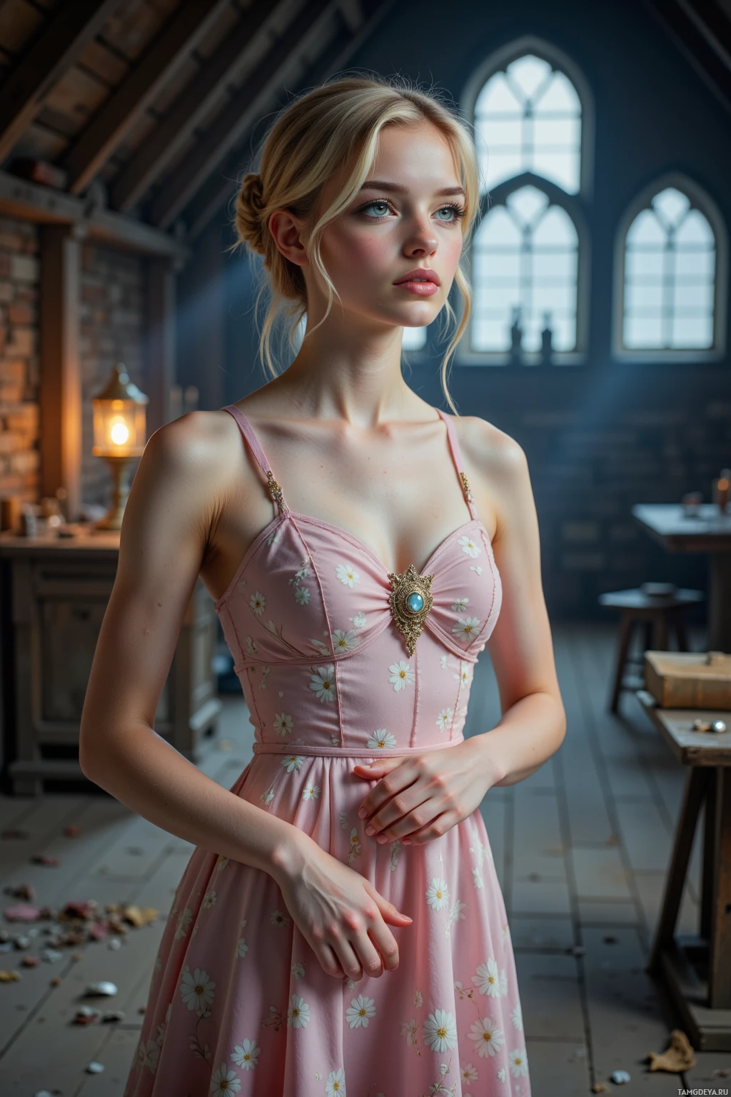 A woman in a pink floral dress stands in a dimly lit room with arched windows.