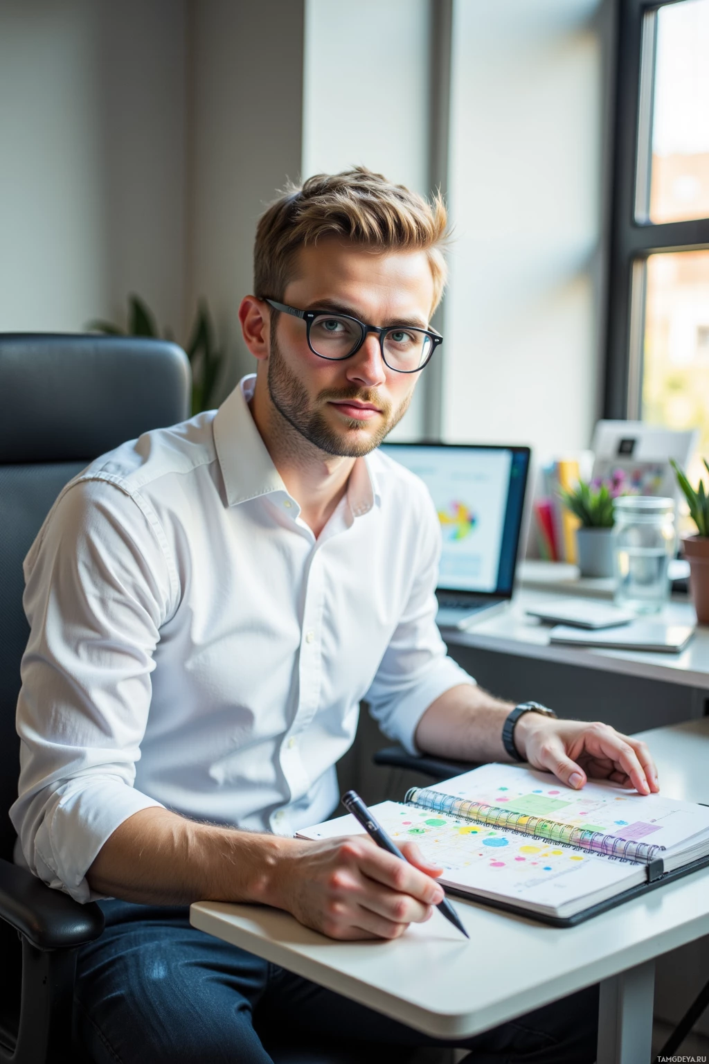 A man in a white shirt sits at a desk, holding a pen and looking at a colorful notebook.