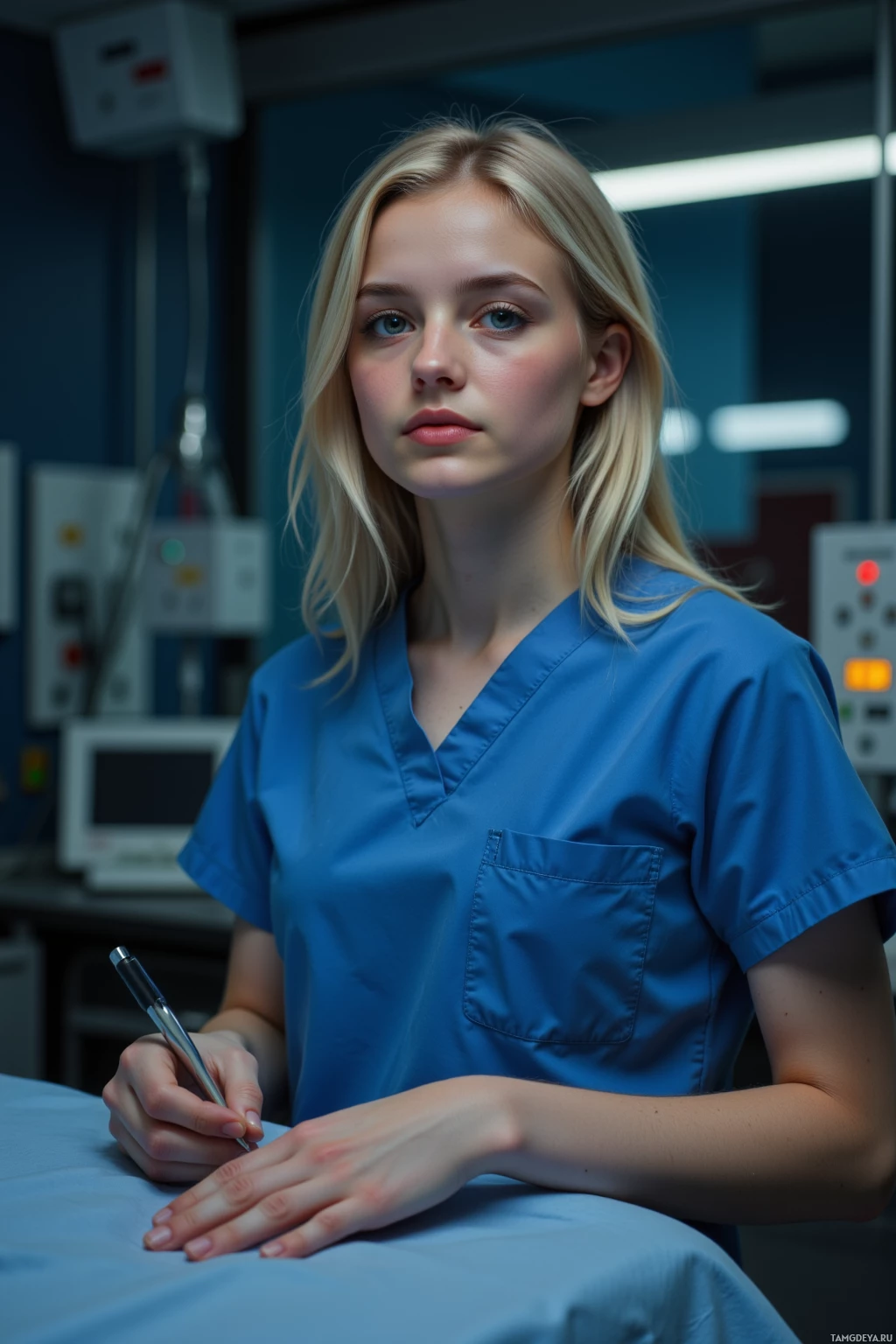 A person in blue scrubs is sitting at a table, holding a pen.