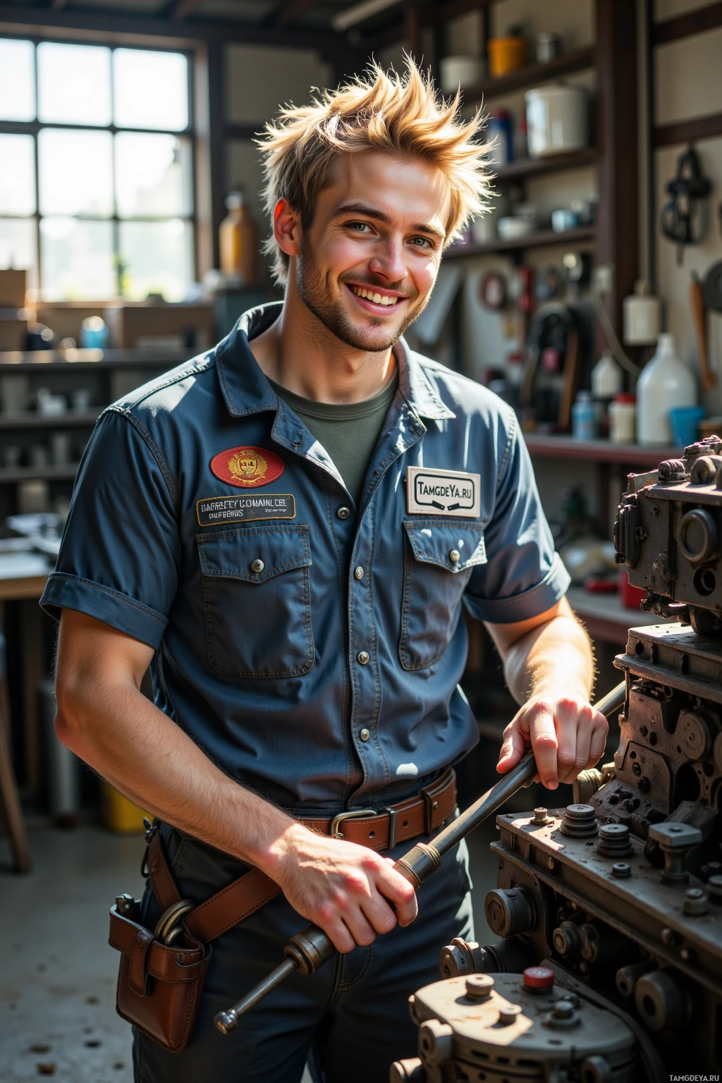 A man in a workshop wearing a denim shirt and a tool belt, smiling while working on machinery.